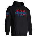 Black hoodie with '1776 America' text and sleeve design on a white background