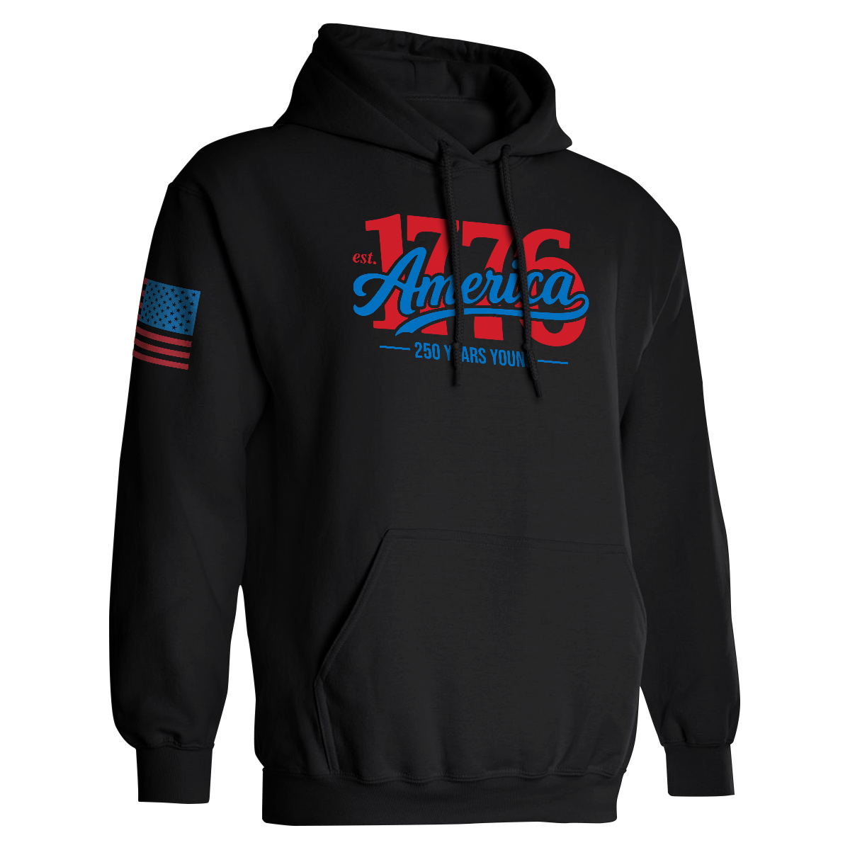 Black hoodie with '1776 America' text and sleeve design on a white background