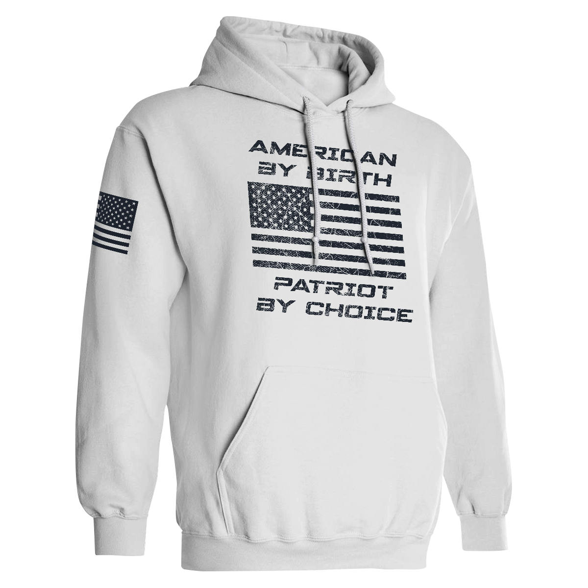 Light gray hoodie with American flag design and text on a white background