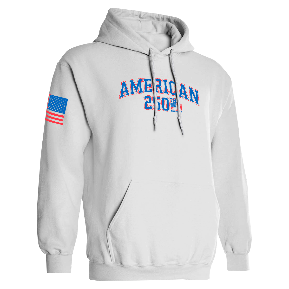 White hoodie with'American 250th Anniversary' text and sleeve design on a white background