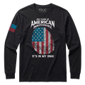 Black 250 Years of American Independence DNA long sleeve shirt with fingerprint USA flag graphic front view