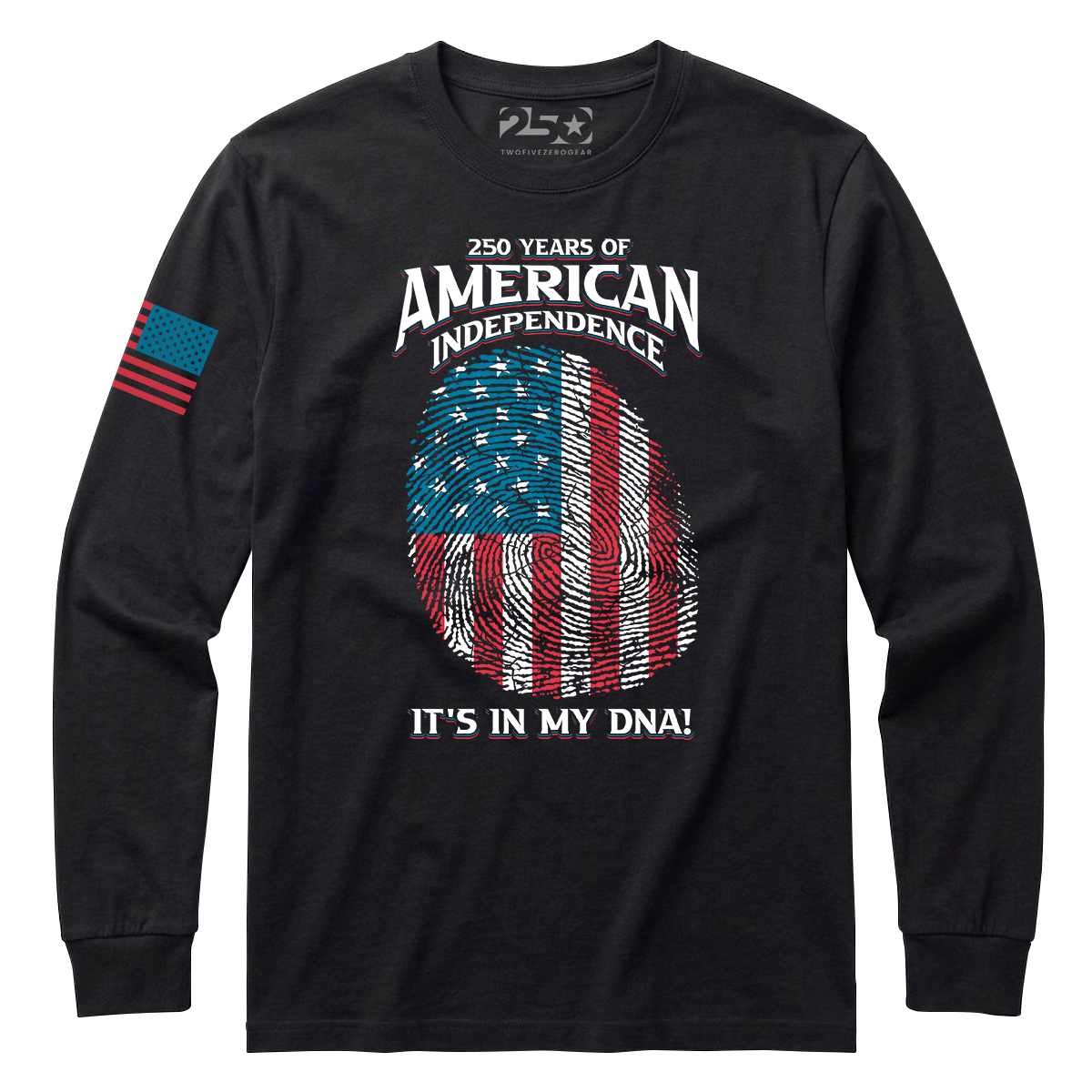 Black 250 Years of American Independence DNA long sleeve shirt with fingerprint USA flag graphic front view