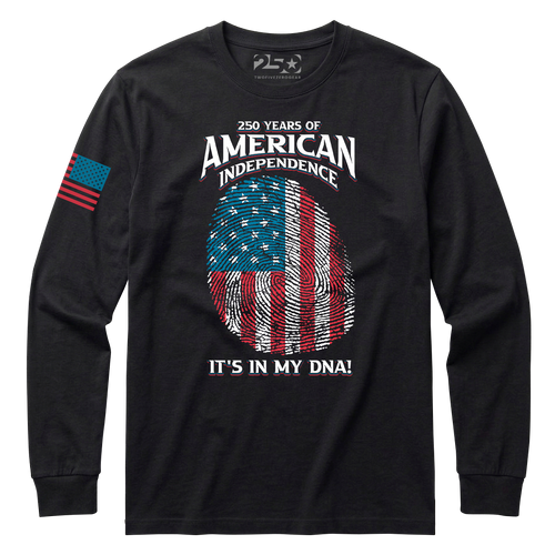 Black 250 Years of American Independence DNA long sleeve shirt with fingerprint USA flag graphic front view