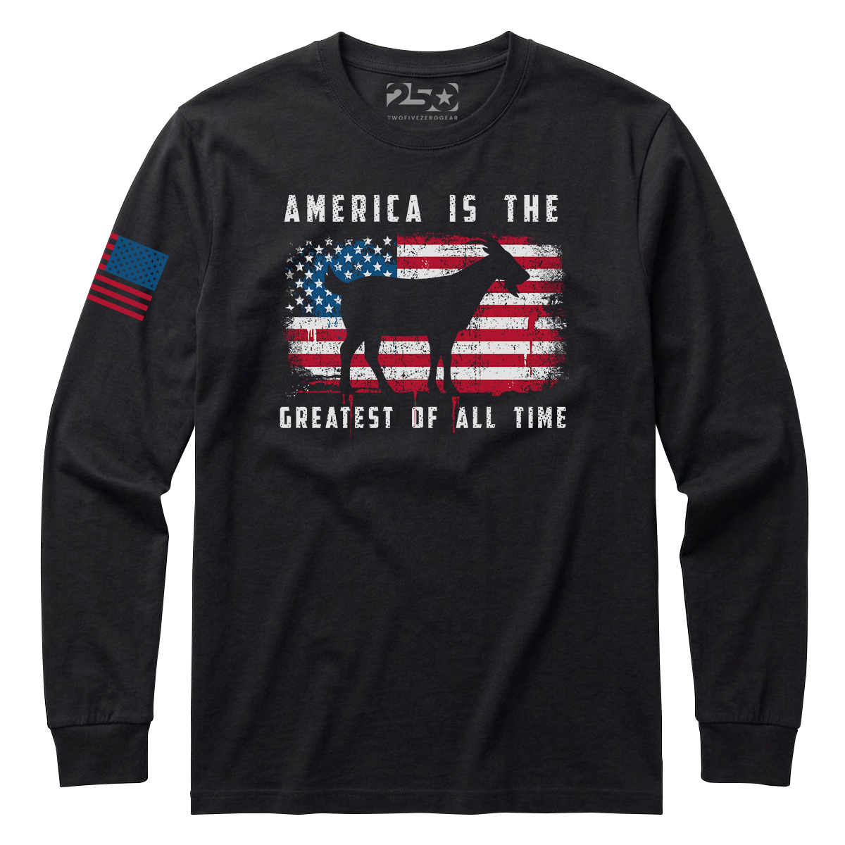 Black America Is The GOAT patriotic t-shirt with distressed USA flag and goat graphic front design