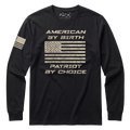 Black long-sleeve shirt with American flag and text design on a white background