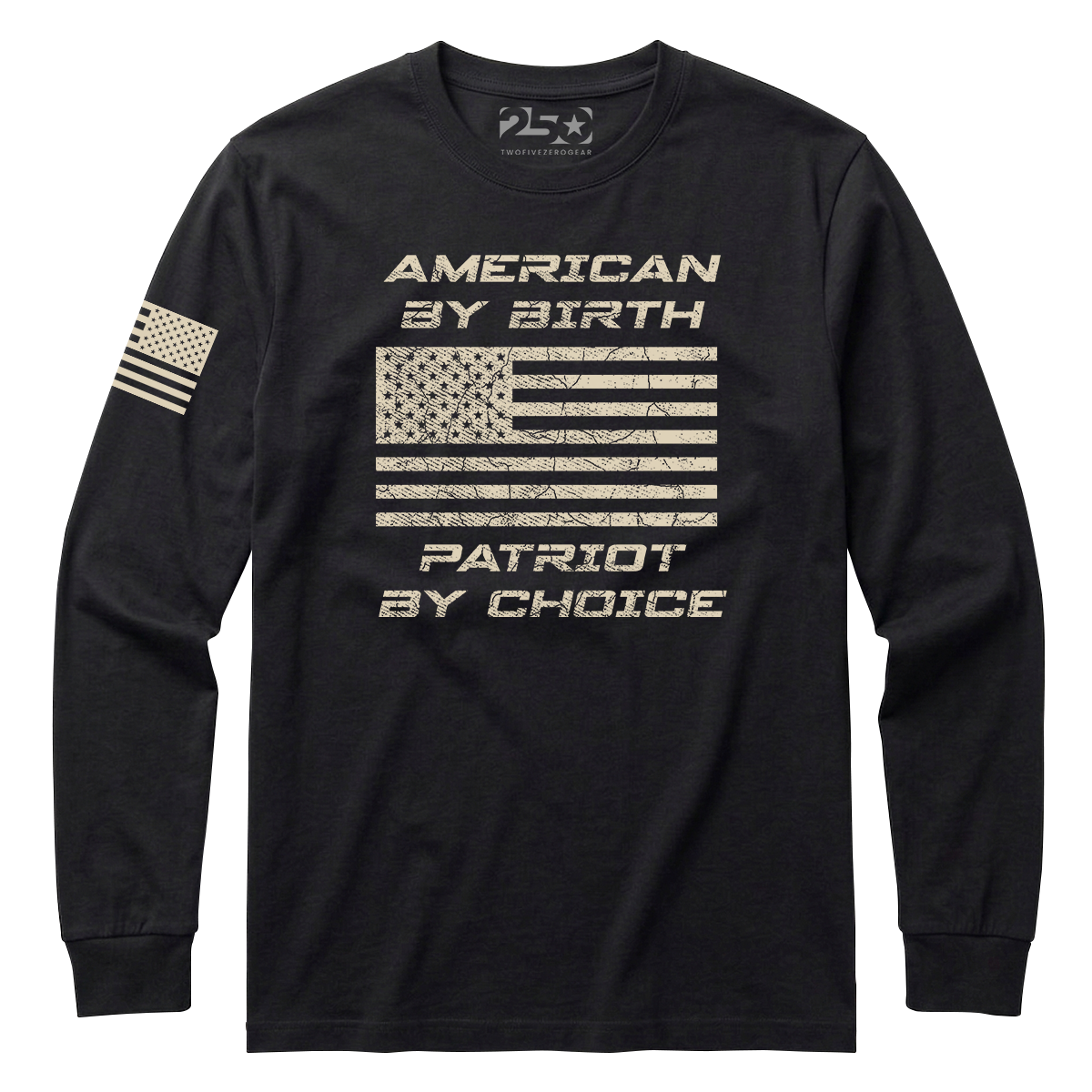 Black long-sleeve shirt with American flag and text design on a white background