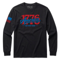 Black long-sleeve shirt with '1776 America' text and American flag sleeve on a white background
