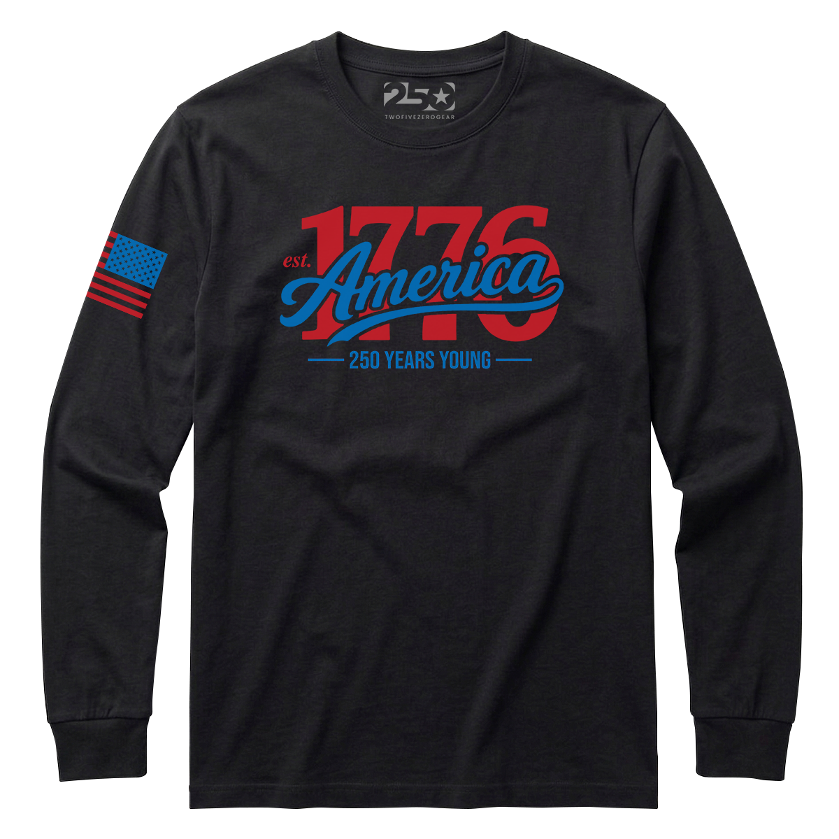 Black long-sleeve shirt with '1776 America' text and American flag sleeve on a white background