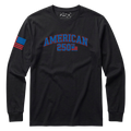 Black long-sleeve shirt with 'American 250th Anniversary' text and sleeve design on a white background