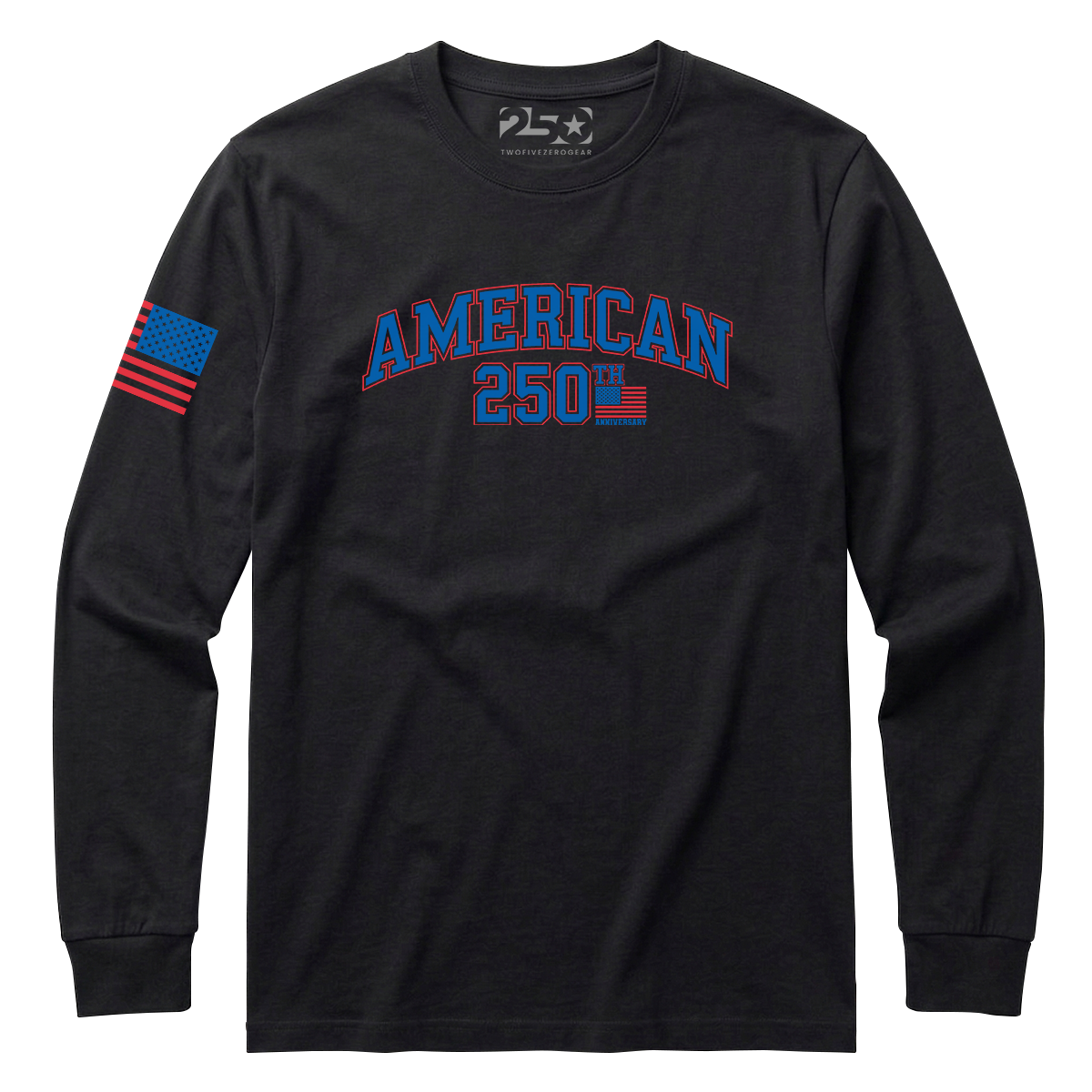 Black long-sleeve shirt with 'American 250th Anniversary' text and sleeve design on a white background