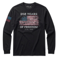 Black 250 Years of Freedom patriotic long sleeve shirt with distressed American flag design and 1776–2026 text