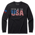 Black long-sleeve shirt with 'Born in the USA' text and American flag design on a white background