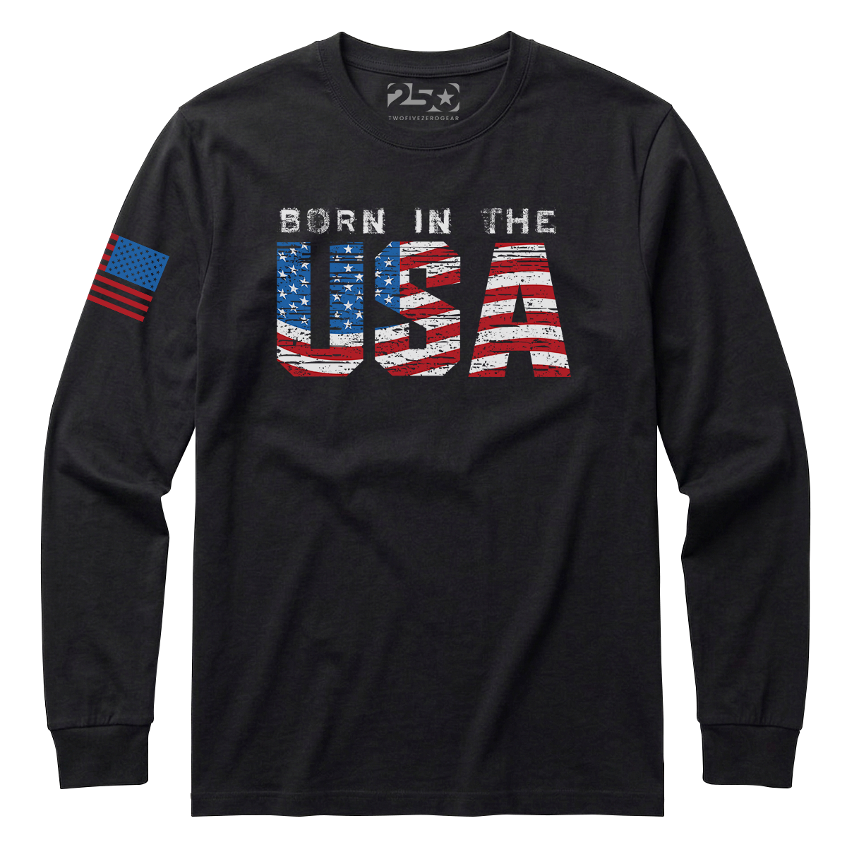 Black long-sleeve shirt with 'Born in the USA' text and American flag design on a white background