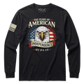 Black patriotic long sleeve shirt with bald eagle design and “250 Years of American Independence 07.04.26” graphic, featuring American flag elements