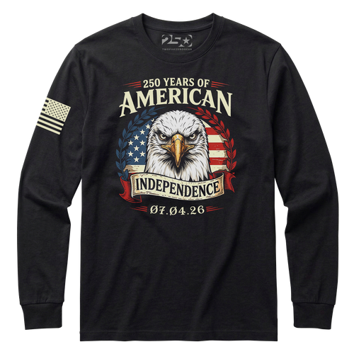 Black patriotic long sleeve shirt with bald eagle design and “250 Years of American Independence 07.04.26” graphic, featuring American flag elements