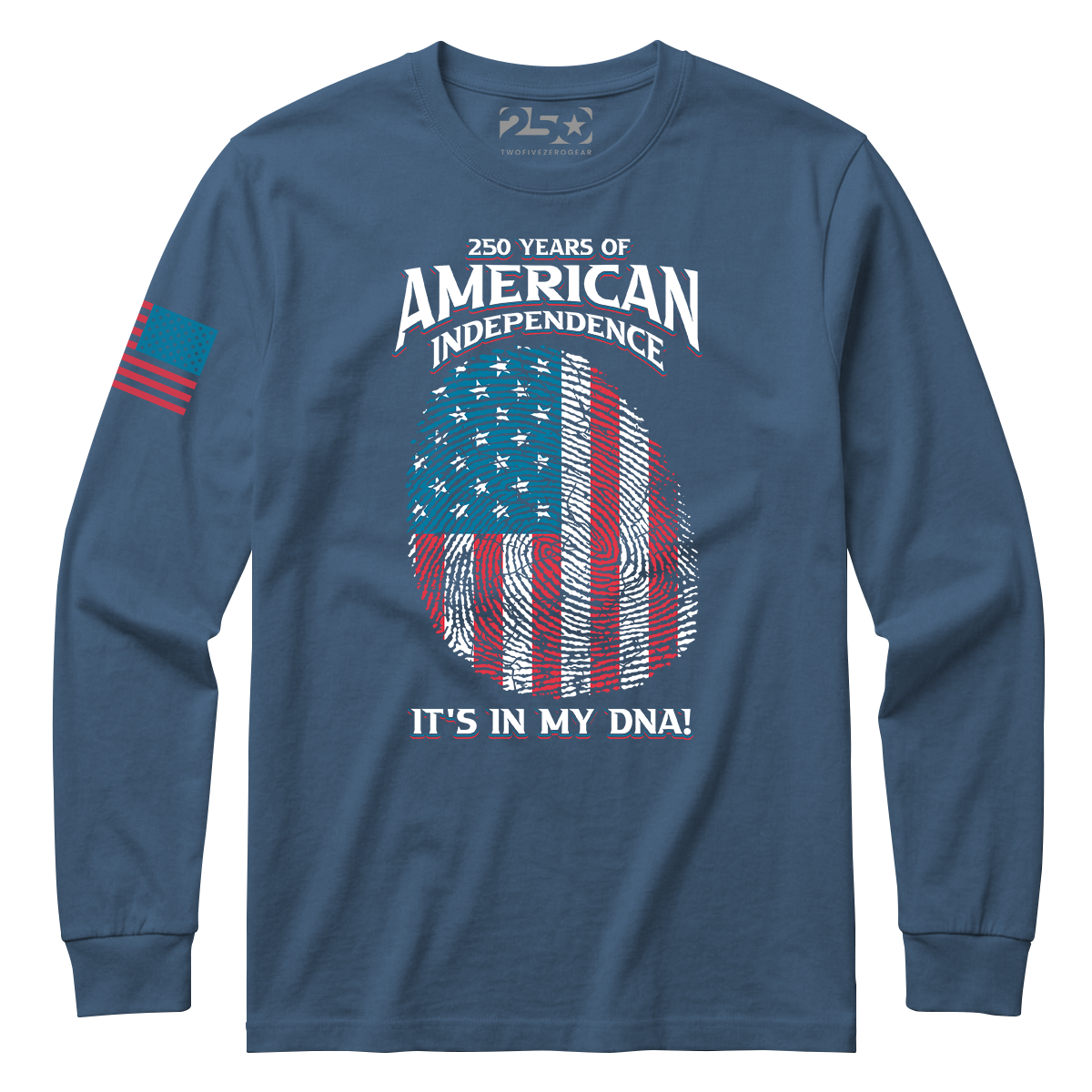 Indigo Blue 250 Years of American Independence DNA long sleeve shirt with fingerprint USA flag graphic front view