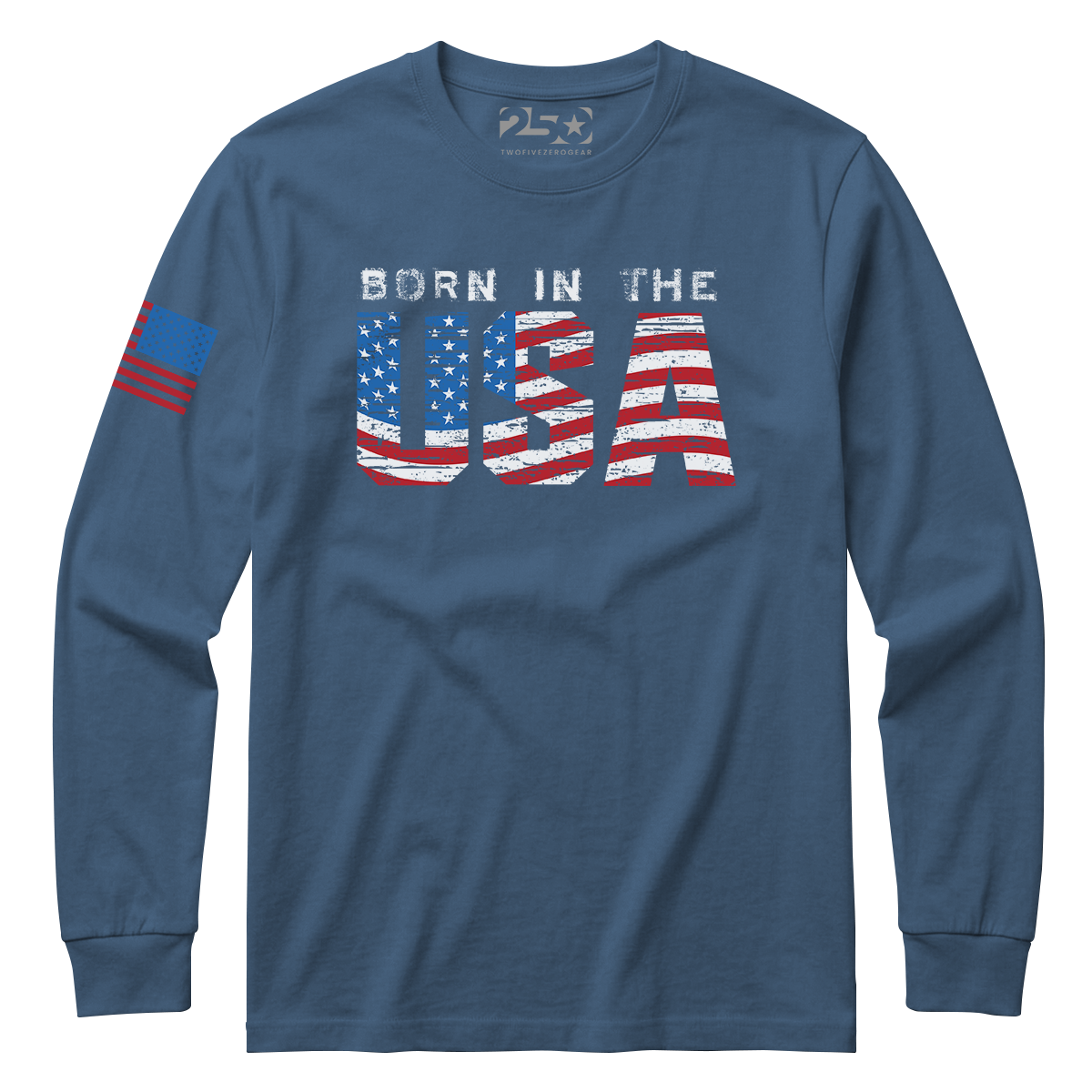 Blue long-sleeve shirt with 'Born in the USA' text and American flag design on a white background