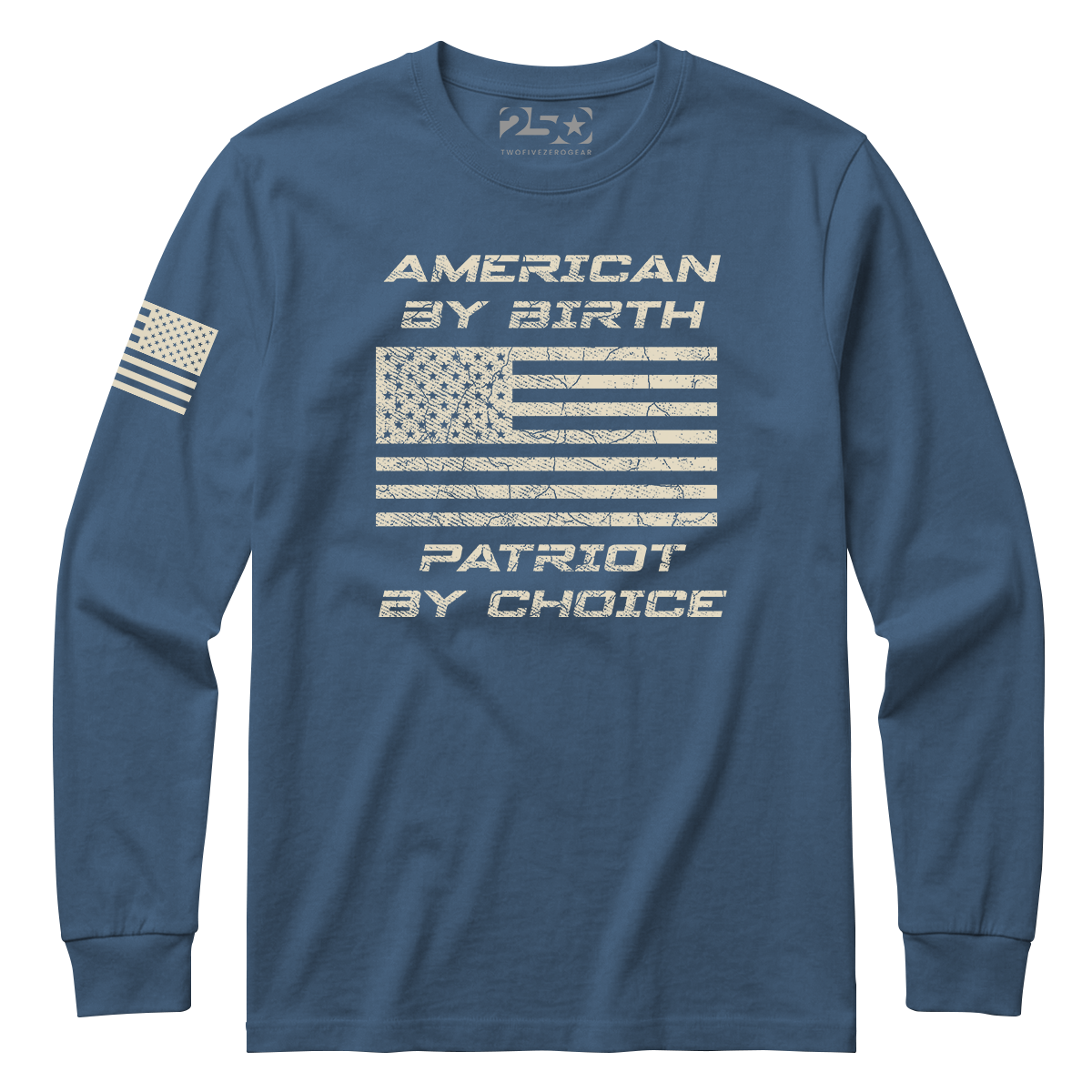 Blue long-sleeve shirt with American flag design and text on a white background