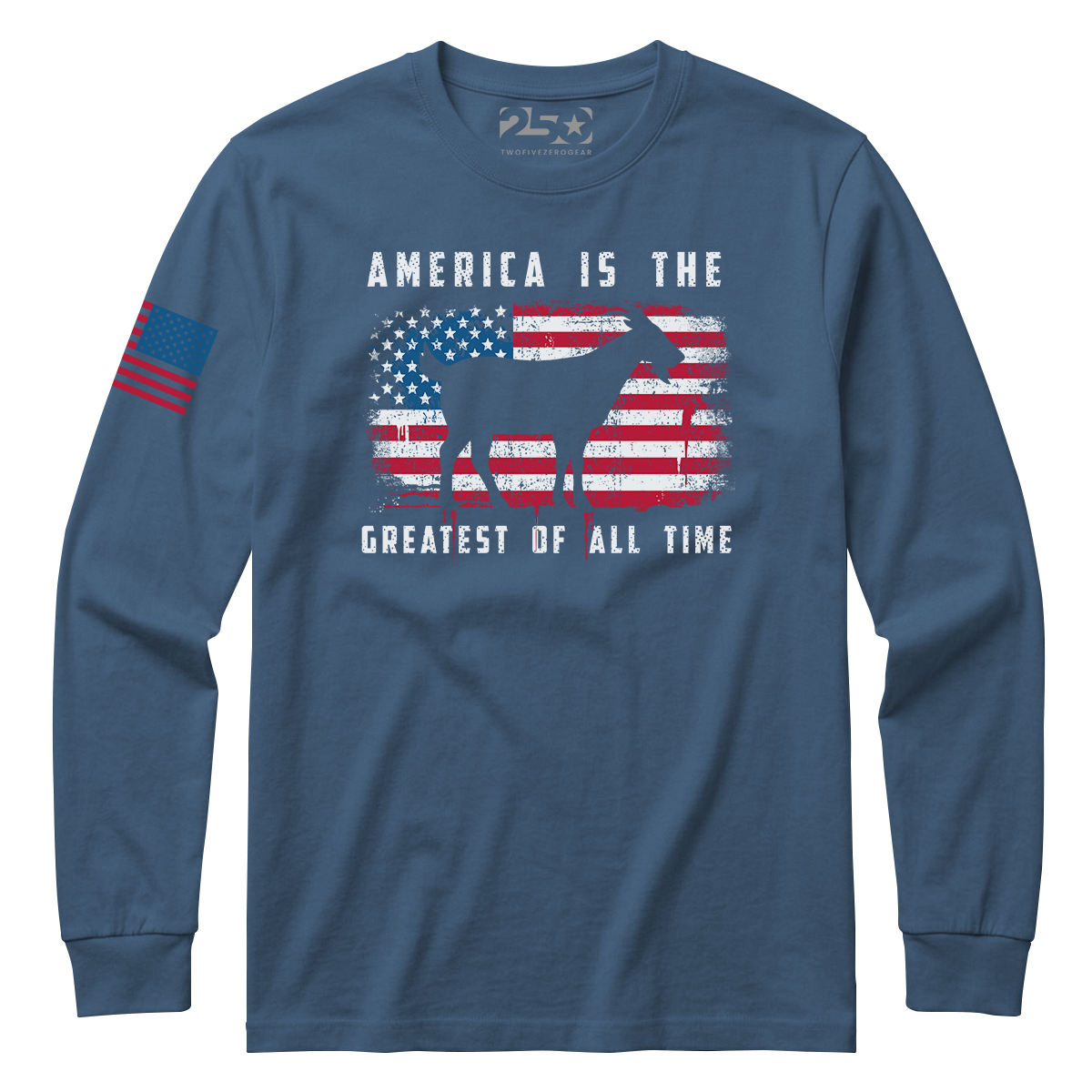 Indigo blue America Is The GOAT patriotic t-shirt with distressed USA flag and goat graphic front design