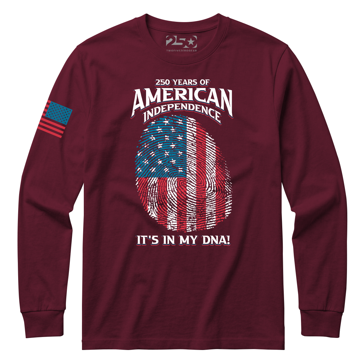 Maroon 250 Years of American Independence DNA long sleeve shirt with fingerprint USA flag graphic front view