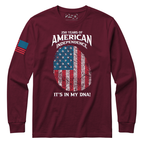 Maroon 250 Years of American Independence DNA long sleeve shirt with fingerprint USA flag graphic front view
