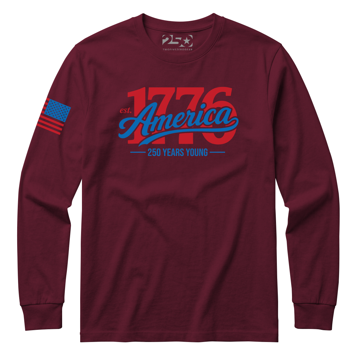Maroon long-sleeve shirt with '1776 America' design on a white background