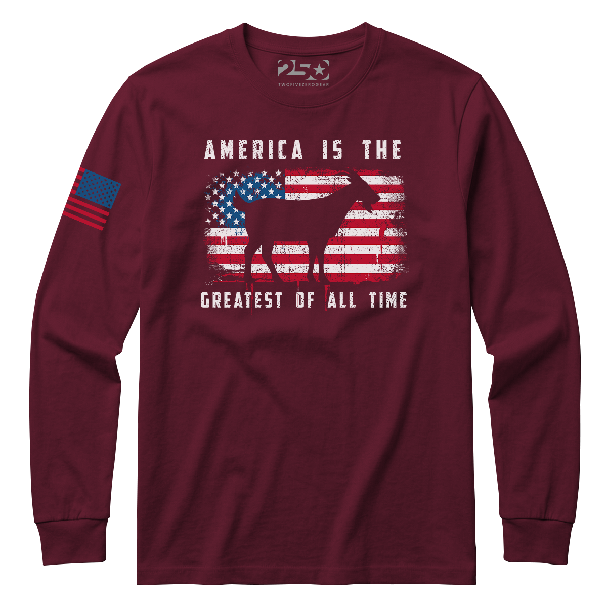 Maroon America Is The GOAT patriotic t-shirt with distressed USA flag and goat graphic front design