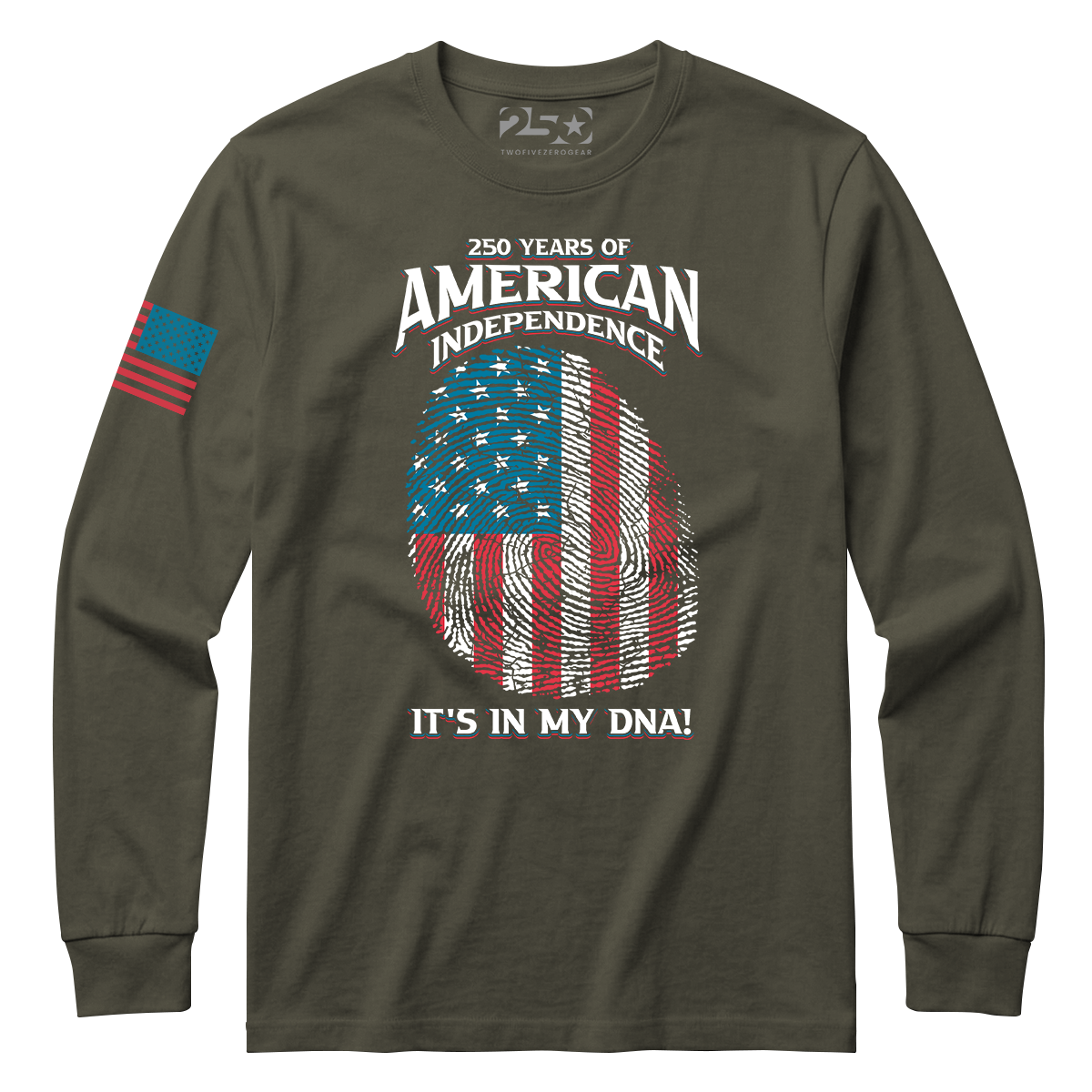 Marine Olive 250 Years of American Independence DNA long sleeve shirt with fingerprint USA flag graphic front view
