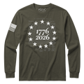 1776 2026 patriotic marine olive long sleeve shirt with Betsy Ross 13 star circle and We The People Constitution script background.