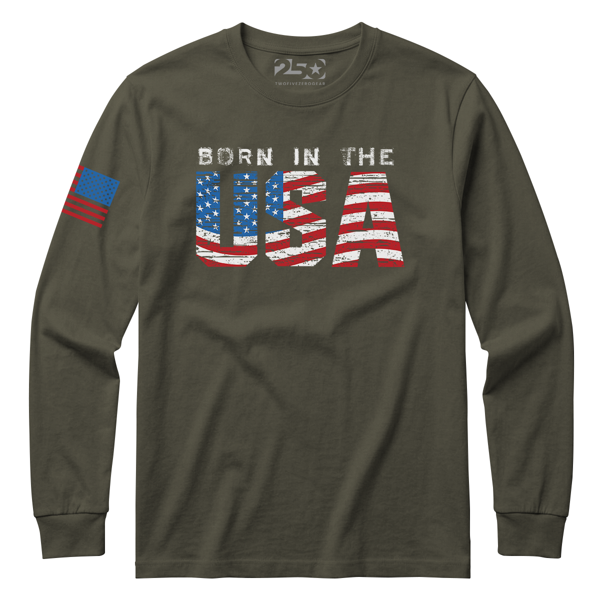 Green long-sleeve shirt with 'Born in the USA' graphic on a white background
