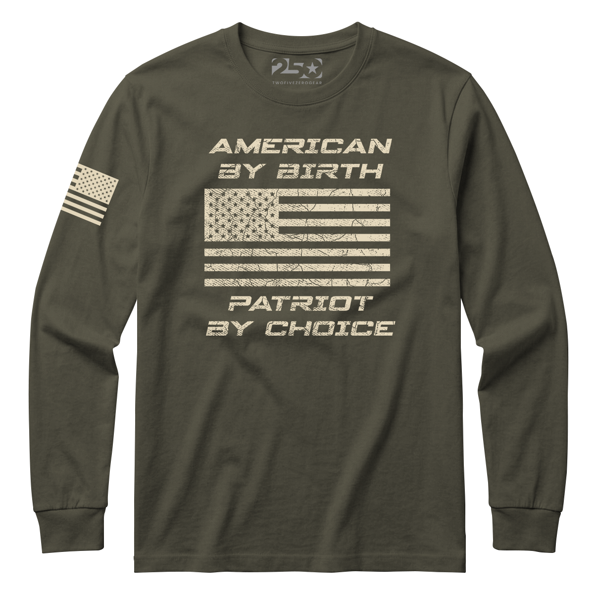 Green long-sleeve shirt with American flag design and text on a white background