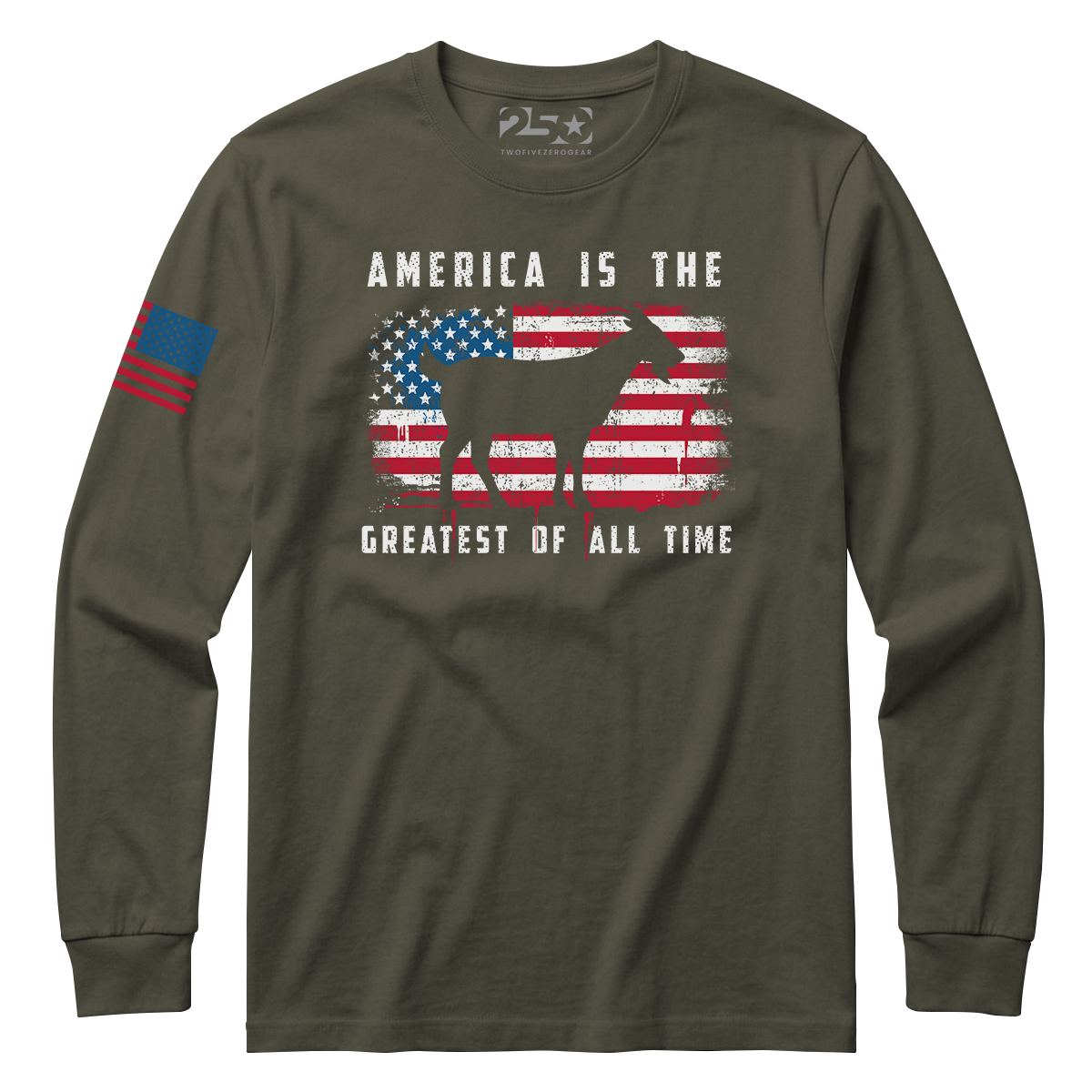 Olive America Is The GOAT patriotic t-shirt with distressed USA flag and goat graphic front design