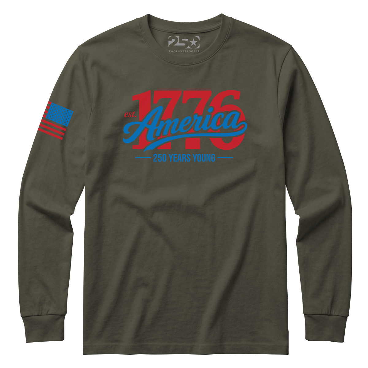 Green long-sleeve shirt with '1776 America' text and American flag sleeve on a white background