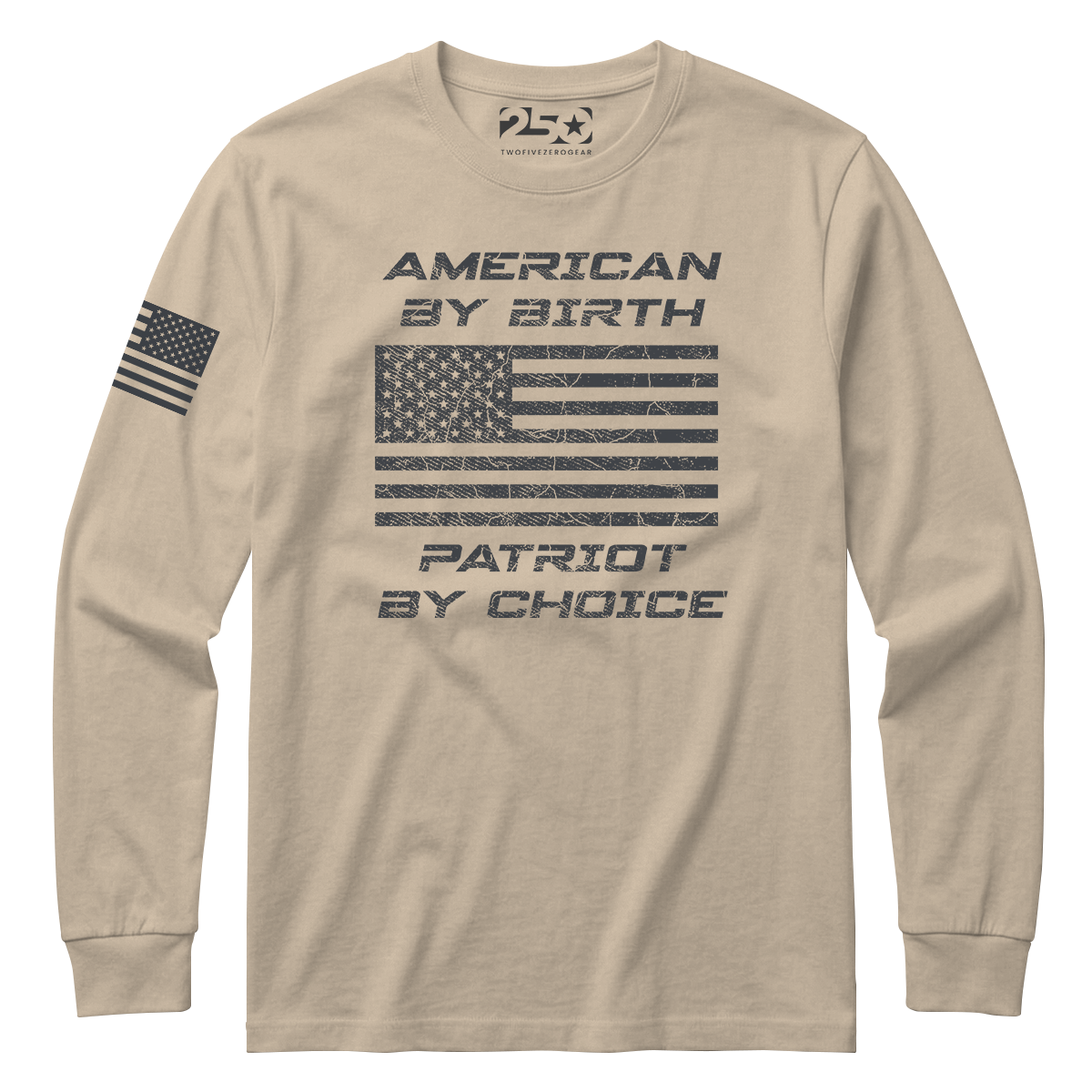 Beige long-sleeve shirt with American flag and text on a white background