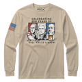 Sand Red White and Brew 250 years patriotic long sleeve shirt with founding fathers drinking graphic and text 'Celebrating 250 Years of Red White & Brew'