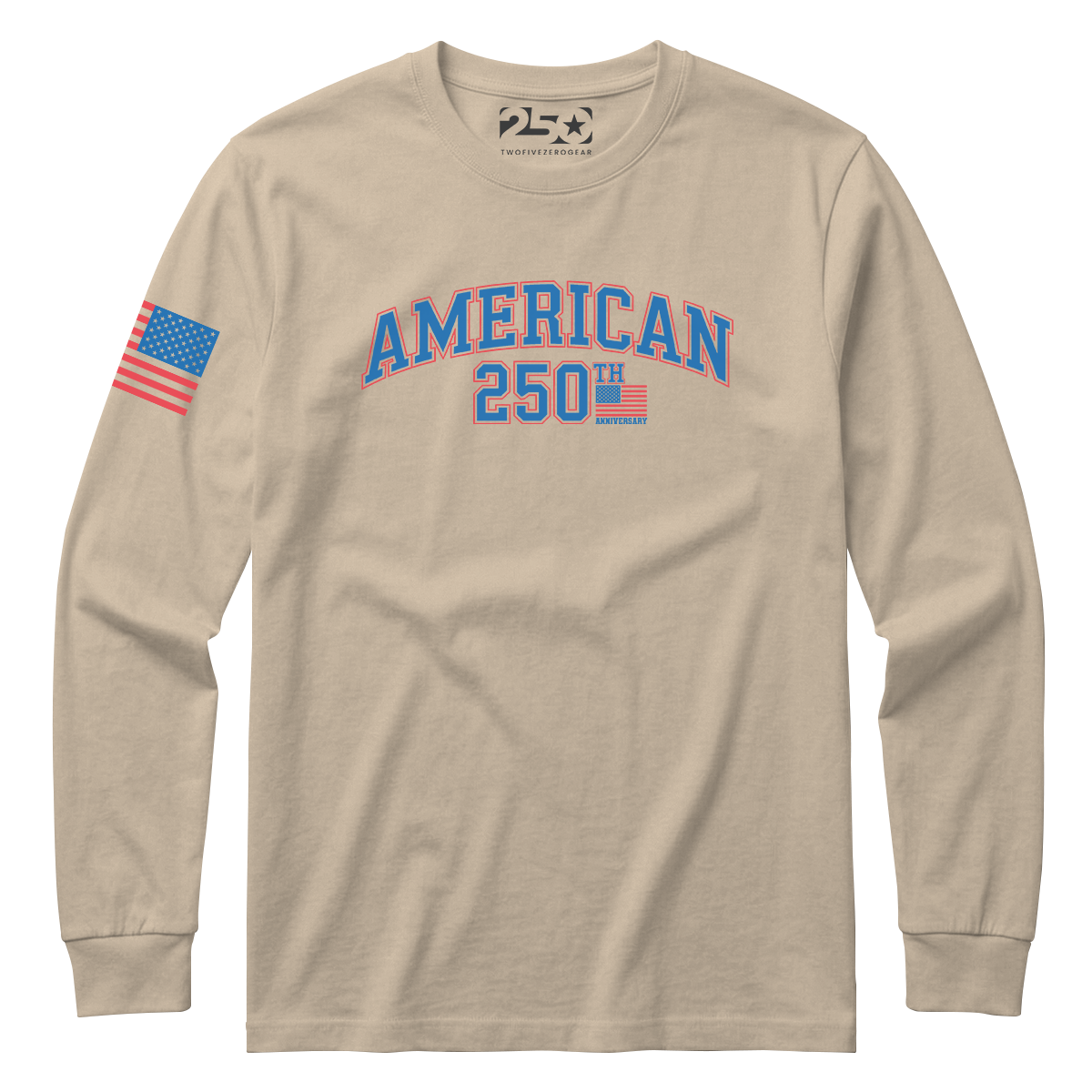 Beige long-sleeve shirt with 'American 250th Anniversary' text and sleeve design on a white background